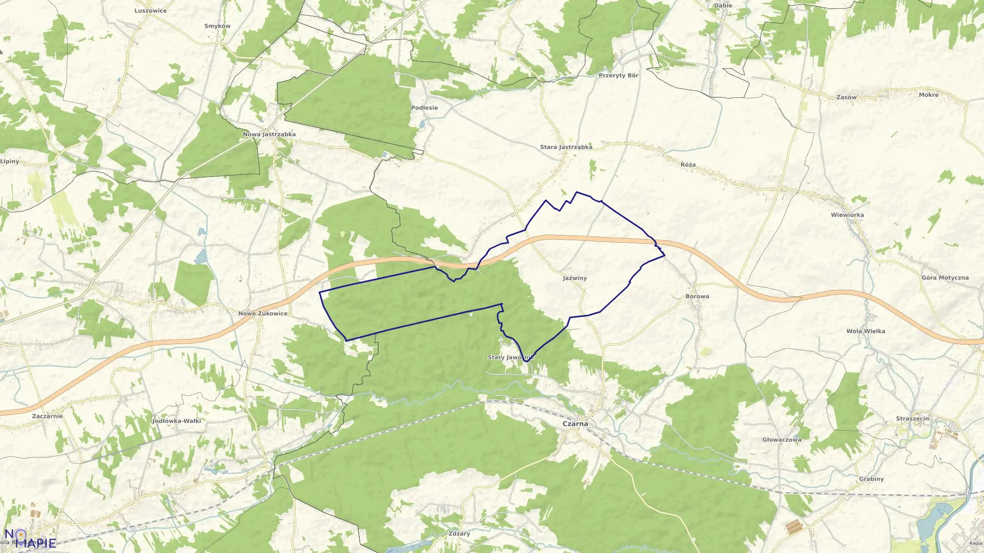 Mapa obrębu Jaźwiny w gminie Czarna